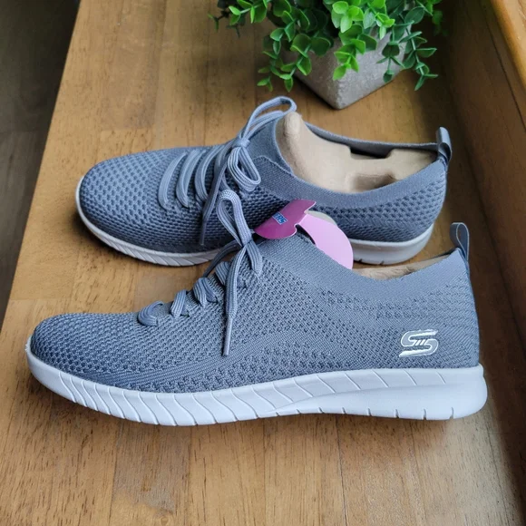 Skechers Faux Lace Stretch Knit Slip-On Sneakers | Outplay | Slate | 9.5 - Picture 2 of 9